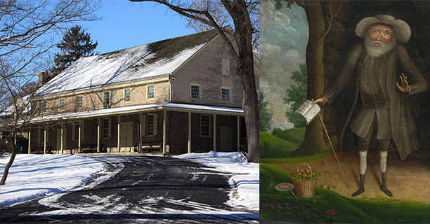 Abington Friends Meeting House. Photo credit: Montgomery County Planning Commission. William Williams, Portrait of Benjamin Lay, 1750-1758, courtesy National Portrait Gallery, Washington, DC.