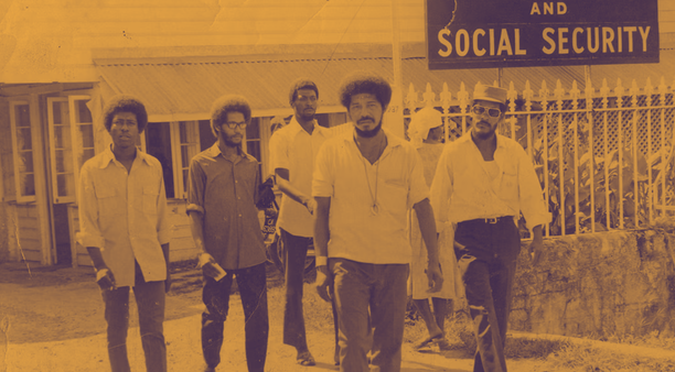 Walter Rodney and W.P.A members exit the Ministry of Labour & Social Security, Guyana, 1970s via Wikimedia Commons