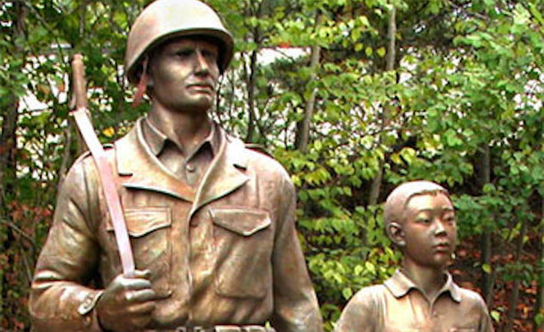 The Korean War Memorial in Worcester, Massachusetts depicts an American GI and a Korean child side-by-side.