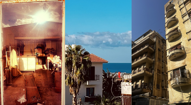 Various images from the Eastern Mediterranean, including an abandoned shop and the view of the sea and a McDonald's sign from an apartment balcony both in Paphos, a stripped flat block in Beirut