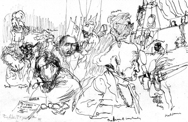 From Felix Topolski's Conference Sketchbook: International Congress of Intellectuals for Peace (Wroctaw, Poland, 1948). Left to right: J.D. Bernal, Hyman Levy, Ivor Montagu, Hewlett Johnson (behind him, Julian Huxley), J.B.S. Haldane.