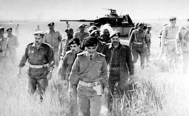 King Hussein of Jordan inspects abandoned Israeli tanks after the Battle of Karameh. via Wikimedia Commons.