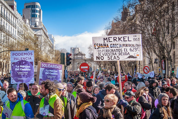 Podemos march, Madrid. 2015. via Wikimedia Commons.