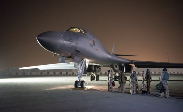 B-1B, 28th Bomb Wing, prepares to launch a strike mission from Al Udeid Air Base. via Wikimedia Commons.