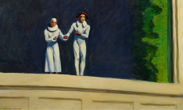 Edward Hopper Two Comedians (1966). A painting chosen for it's haunting and perturbing qualities, to accompany this piece.