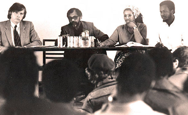 Sivanandan, second from left, at the launch of A Report on Racism, 1986. via Ilankai Tamil Sangam.