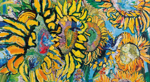 A painted scene of sunflowers and birds by John Bratby