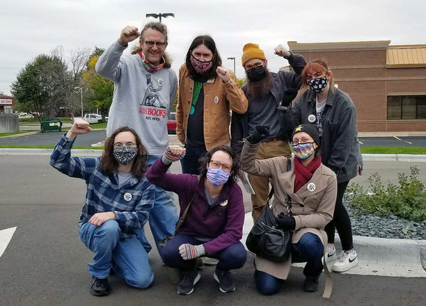 Workers at the Roseville Half Price Books the day they filed for their union election