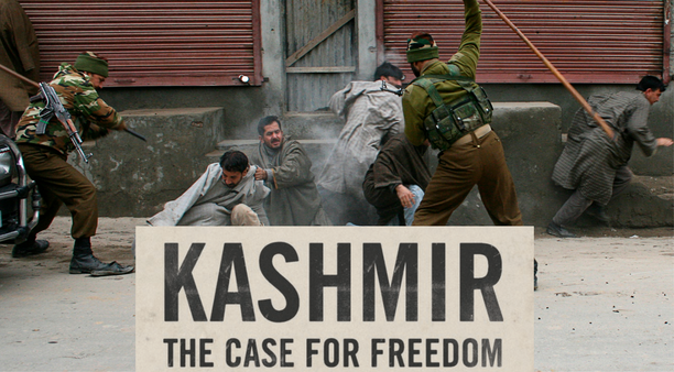 A group of Kashmiri men huddle together to protect themselves from beatings from soldiers. Over the image lays a banner that says "Kashmir: the Case for Freedom"