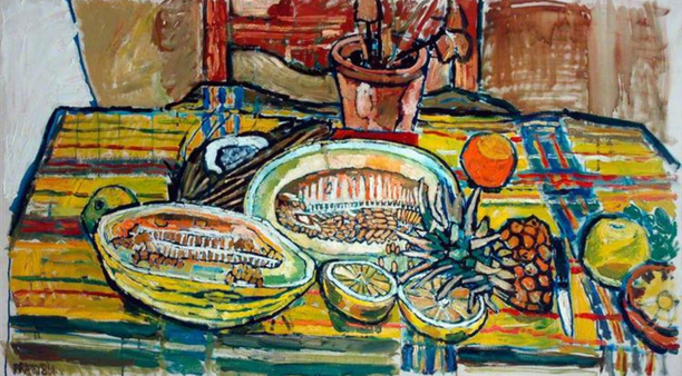 A still life of a dinner table, featuring a melon cut in half, a lemon, a knife and the top half of a pineapple