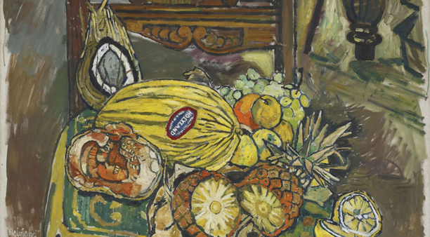 a John Bratby still life painting of melon and tropical fruit