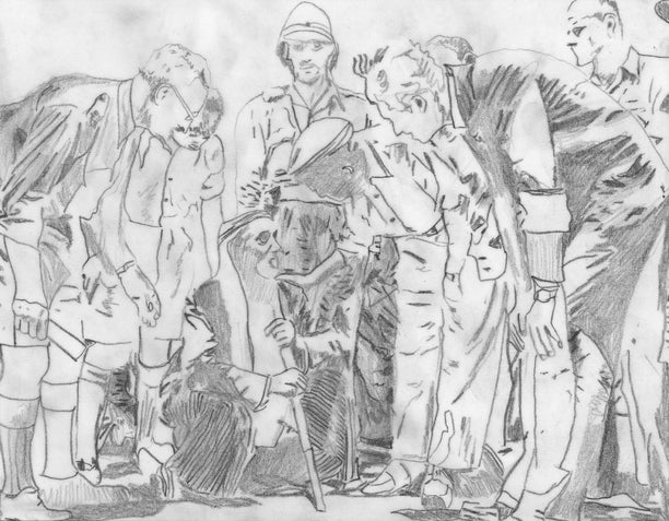 An elderly man being expelled from his home. Drawing by A.A. Azoulay, from a photograph.