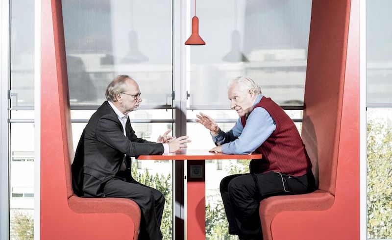 Laurent Joffrin and Alain Badiou, November 6 2017. Photo: Frédéric Stucin. via Libération.