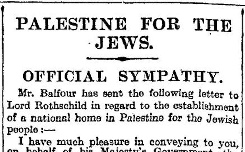Report on the Balfour Declaration in the Times of London, 9 November 1917. via Wikimedia Commons.