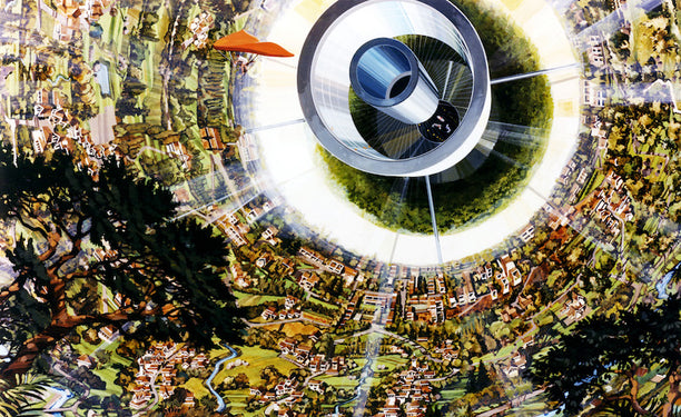 NASA rendering of the interior of a Bernal Sphere, drawn by Rick Guidice and Don Davis, 1975. via Wikimedia Commons.