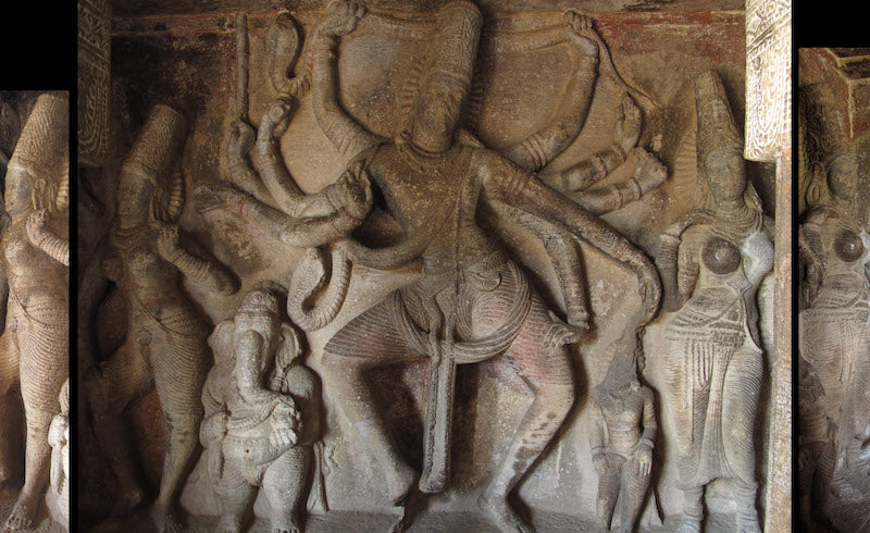 Detail from a photo of carvings of dancing Shiva and Matrikas at Aihole, Bagalkot, Karnataka, India. via Wikimedia Commons.