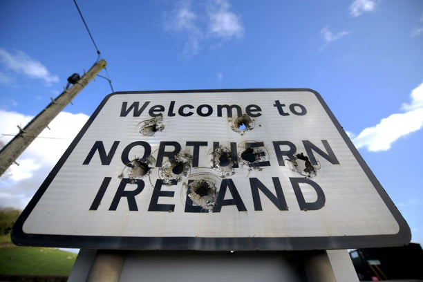 A Welcome to Northern Ireland sign is marked with bullet holes on February 17, 2019 in Ballyconnell, Ireland. (Charles McQuillan / Getty Images)