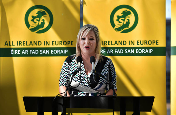 Sinn Fein northern leader Michelle O'Neill addresses party members and the media as she attends the launch of the party's European Parliament election manifesto and their candidate Martina Anderson at the Waterfront Hall on May 13, 2019 in Belfast, Northe