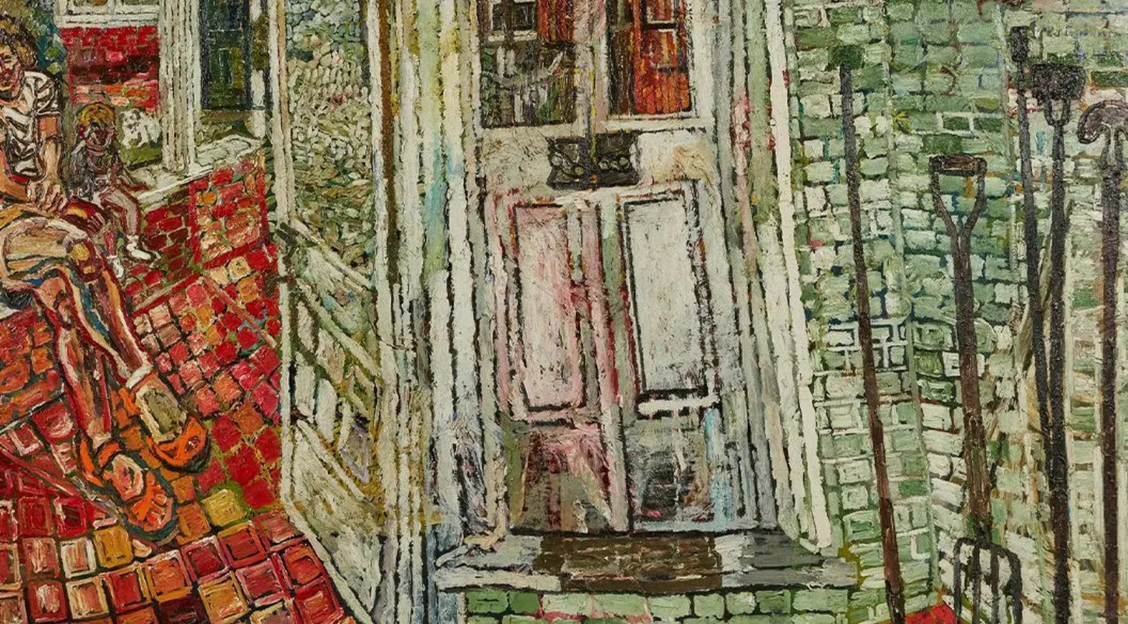 Painterly image of a doorway, with a figure far left cross-legged and shovels on the right.