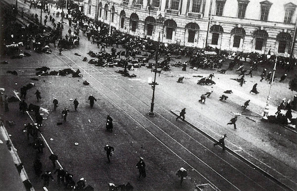 July Days: street demonstration on Nevsky Prospekt just after troops of the Provisional Government have opened fire with machine guns. via Wikimedia Commons.