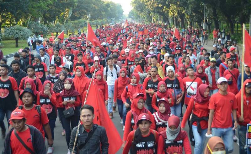A progressive union contingent marches in Jakarta on May Day, 2018. via Serikat Buruh Demokratik Kerakyatan (SEDAR).