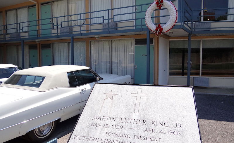Plaque for Dr Martin Luther King Jr outside the Lorraine Motel, Memphis. via Wikimedia Commons.