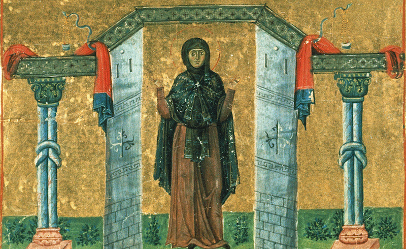 Saint Melania the Younger. Miniature from the Menologion of Basil II. Via Wikimedia Commons.