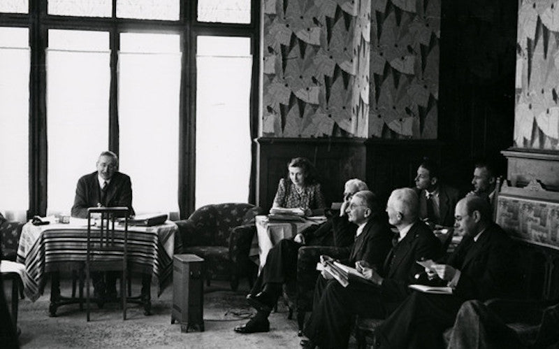 Inaugural meeting of the Mont Pelerin Society, 1947. Left, chairing, is F.A. Hayek. In the front row, third from the right, is Ludwig von Mises. 