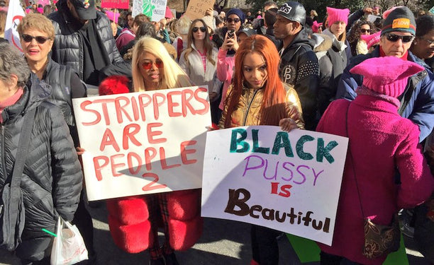 Gizelle Marie leads an #nycstripperstrike contingent at the 2018 New York Women's March. via Support Ho(s)e on Twitter.  