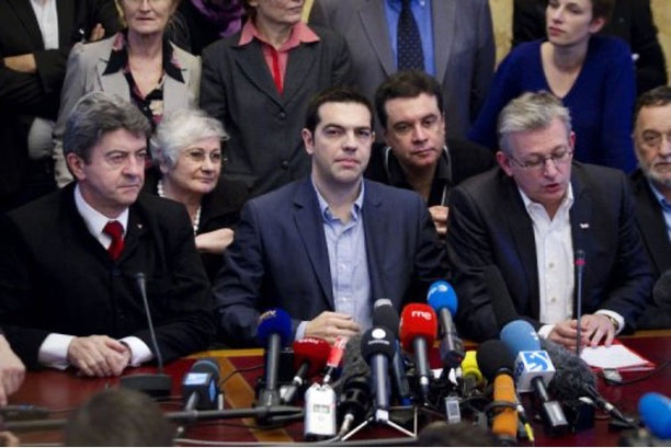 National Assembly, Paris, 21 May 2012. Front row, left to right: Jean-Luc Mélenchon, Alexis Tsipras, Pierre Laurent, Panagiotis Lafazanis. Second row, Aliki Papadomichelaki and and Stathis Kouvelakis
