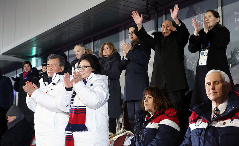 Moon Jae-In and First Lady Kim Jung-sook and Mike and Karen Pence attend the opening ceremony of the 2018 Winter Olympics, 9 February. via Wikimedia Commons.