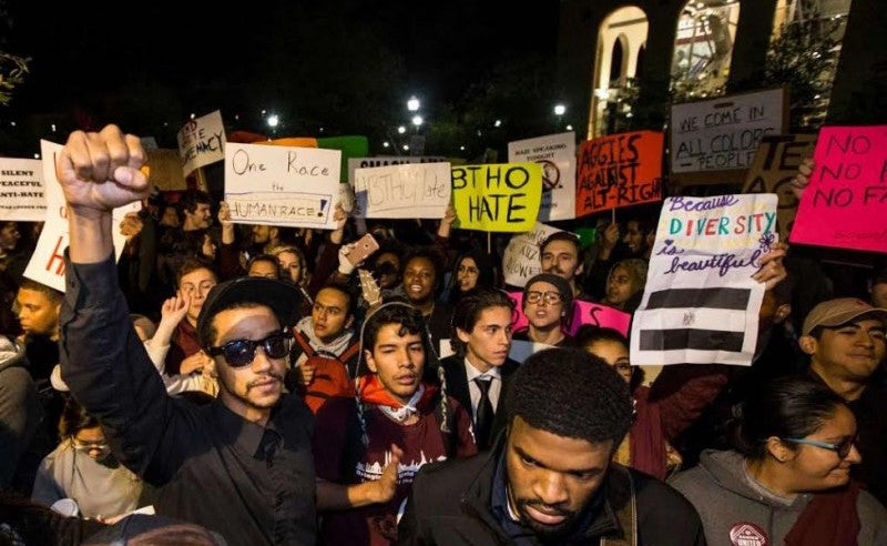 Texas A&M students protest an appearance by Richard Spencer, December 2016. via Fight Back! News