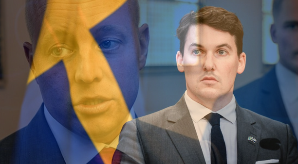 Swedish politicians Bjorn Soder and Joar Forssell are overlayed atop a Swedish flag.