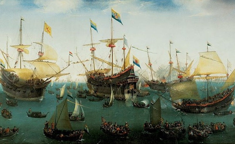 Detail from Cornelis Vroom, Return of the second Asia expedition of Jacob van Neck in 1599. via Wikimedia Commons.