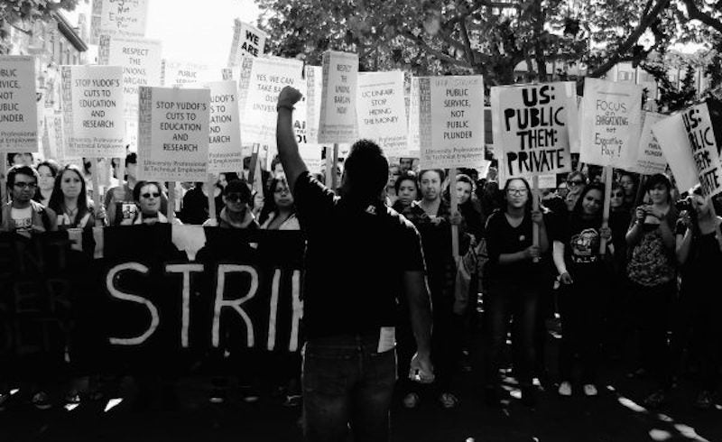 Staff and students strike at UC Berkeley, 2009. via Critical Legal Thinking. 
