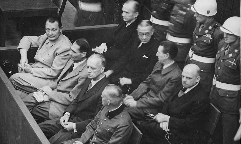 Göring (first row, far left) at the Nuremberg trial