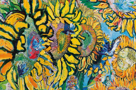 A painted scene of sunflowers and birds by John Bratby