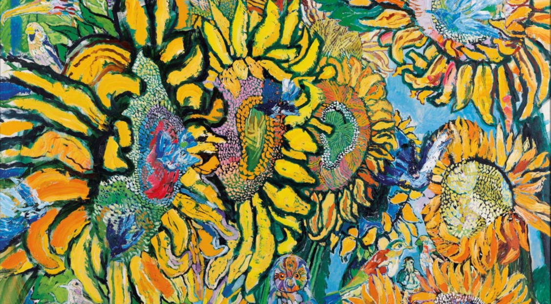A painted scene of sunflowers and birds by John Bratby