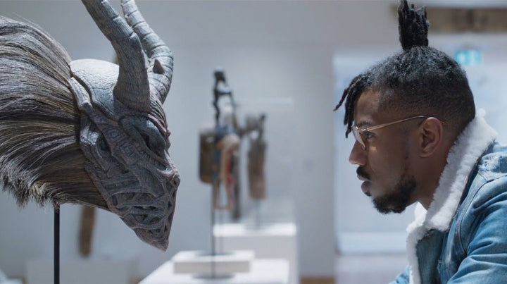 The infamous museum scene in the Hollywood blockbuster Black Panther that has raised questions around objects looted during colonialism. (image from Marvel Cinematic Universe, courtesy Walt Disney Pictures)