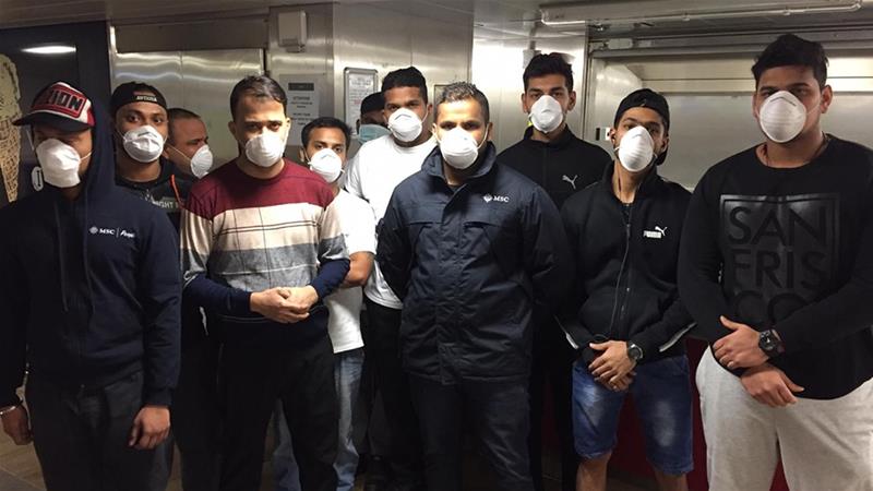 The stranded Indian crew members on board MSC Grandiosa, docked in Italy at present (Al Jazeera)