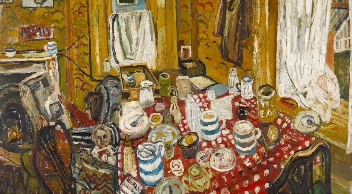 A painting by John Bratby of a full dinner table and sitting room.