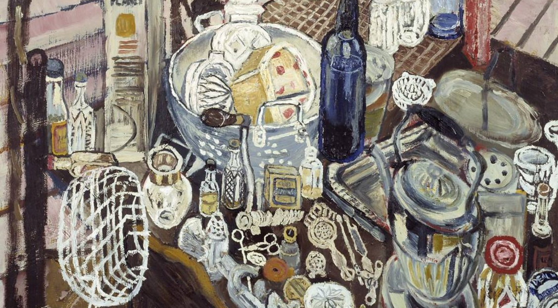 A painted still life of a full kitchen table, with a teapot, bowl of cheese and other kitchen utensils