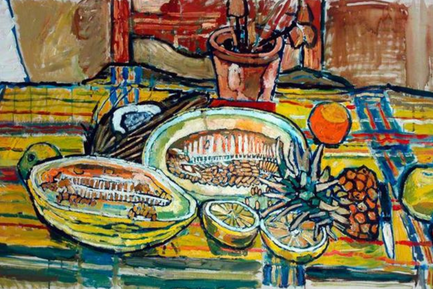 A still life of a dinner table, featuring a melon cut in half, a lemon, a knife and the top half of a pineapple