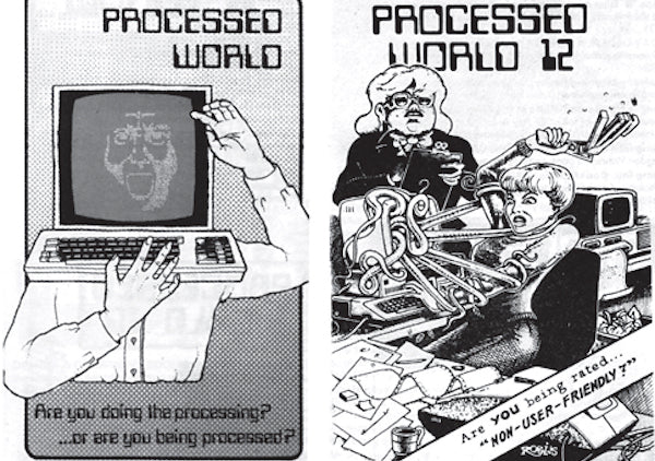 Covers of issues 1 and 12 of Processed World magazine, 1981 and 1984.
