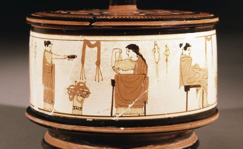 White-ground pyxis with a group of women performing domestic tasks. Made in Attica, c. 460-450BC. via British Museum.