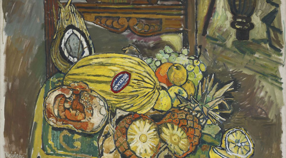 a John Bratby still life painting of melon and tropical fruit